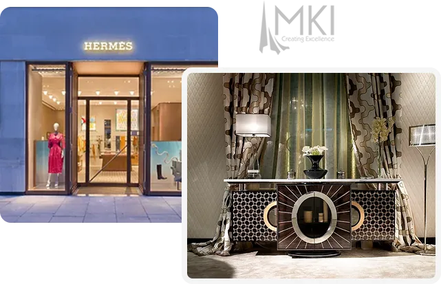 Retail shopfront and an interior with patterned curtains layered over sheer curtains